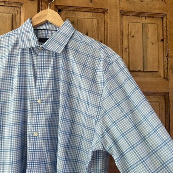 Tommy Hilfiger Large (16 1/2 / 34/35) Blue White Checked Long Sleeve Button Fron - Picture 2 of 9
